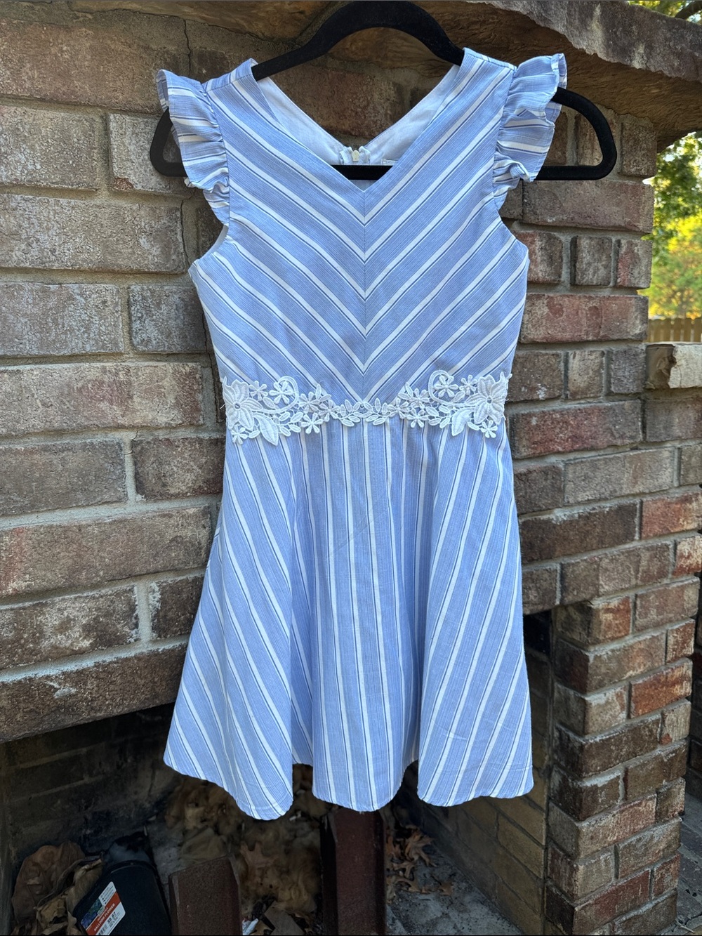 Rare Editions Light Blue and White Striped Dress with Lace Waistband size 10